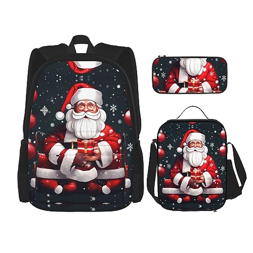 HJLUUFT Weihnachtsmann-Rucksack-Set, 3-teilig, große Schultasche mit Lunchbox und Federmäppchen, Rucksack-Set, stilvoll und praktisch von HJLUUFT