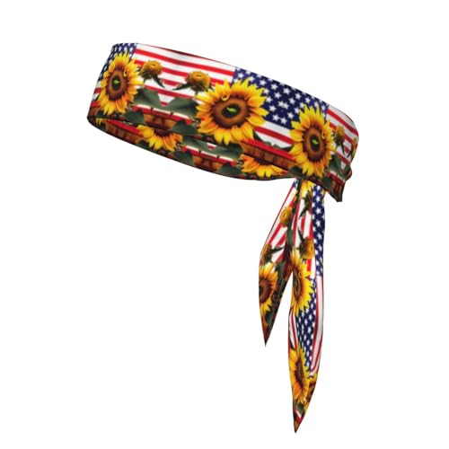 Schweißabsorbierendes Stirnband mit Sonnenblume und amerikanischer Flagge, ideal für Tennis, Laufen, Radfahren, Unisex-Stirnbänder für Damen und Herren von HJLUUFT