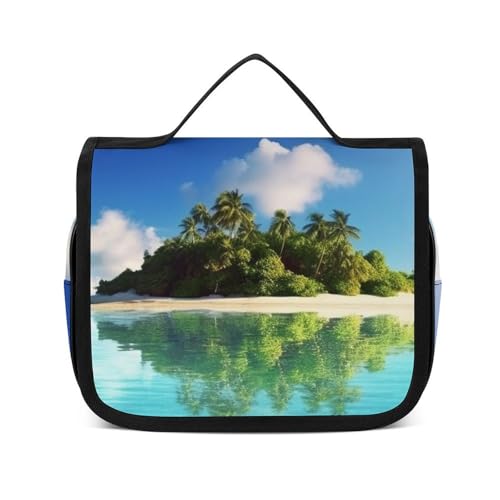 HJUQNGF Kulturbeutel für Damen, Reise-Kosmetiktasche, schöne Insel im Meer, große Make-up-Tasche, zum Aufhängen, Kosmetik-Organizer für Toilettenartikel, Zubehör, 3-in-1-Behälter, weiß, 22,5 x 18,5 von HJUQNGF