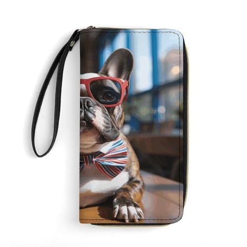 HKMNTGD Damen-Geldbörse, Leder, bedruckt, Blau und Grün, Sittiche, Reißverschluss, Kreditkartenhalter, Handy-Clutch, Französische Bulldogge mit Sonnenbrille, 19.7x10.5cm von HKMNTGD