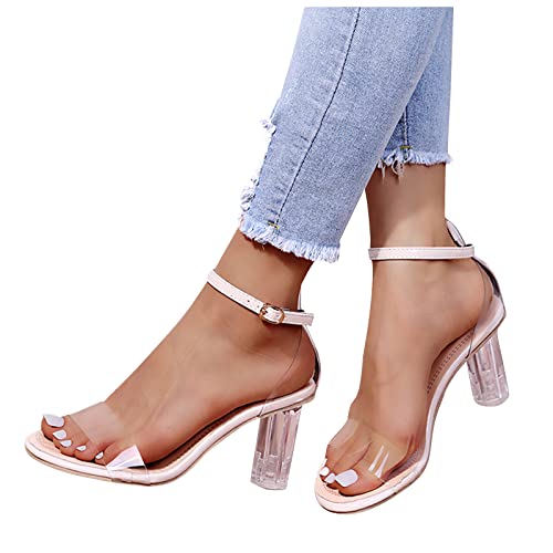 HLIYY Sandalen Damen Sandalen Pumps Elegante Durchsichtigem Sommerschuhe Sandalen Mit Blockabsatz Sommerschuhe Sommer Offene Schuhe Modische Abendschuhe Strandsandalen für Frauen, Beige, 39 EU von HLIYY