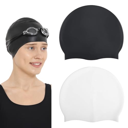 Silikon-Badekappe für Damen, rutschfest, wasserdicht, weiche Badekappe, bequeme Badekappen für Damen, Uni, elastische Badekappe für Erwachsene, für Damen und Herren, Schwimmsport (Schwarz, Weiß), 2 von HLMYER