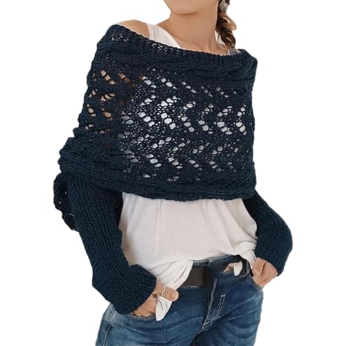 HLYICRQ Boleros für Damen, multifunktionaler Strickschal mit Ärmeln für Damen, Wickelschal, Zopfmusterschal, Pullover mit Ärmeln (Blue) von HLYICRQ