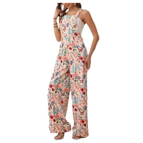 HLYICRQ Damen-Jumpsuit mit Blumenmuster, Overall mit verstellbaren Trägern, ärmelloser Strampler, lässiger, weiter Strampler (Pink,S) von HLYICRQ