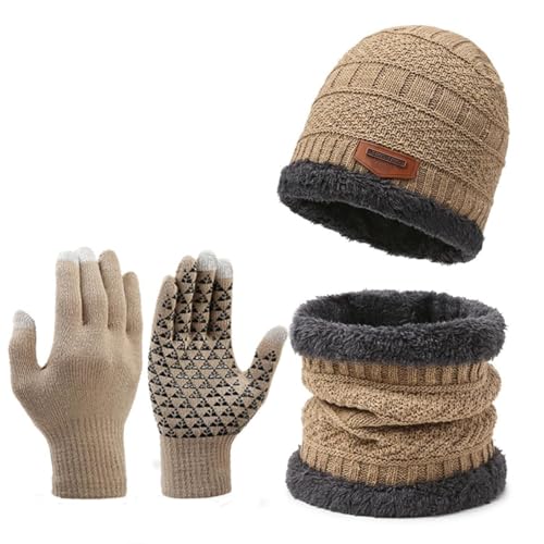 Winterwarmes, mit Fleece gefüttertes, grob gestricktes Thermo-Mützenset, 3-teiliges Winter-Beanie-Mützenset, Schal, Touchscreen-Thermohandschuhe, warme Strickmütze für Männer und Frauen (Beige) von HLYICRQ