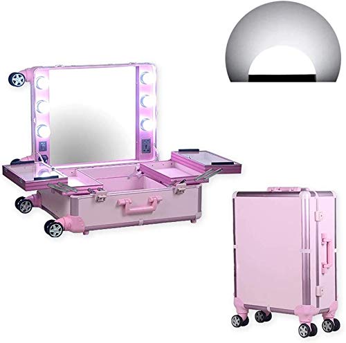 HLZLPYFC HLZLPYFC Premium-Make-up- und Zubehör-Organisation, LED-Dimm-Plug-in-Rollen, Aufbewahrungsbox für Beauty-Tools, Abnehmbarer Make-up-Trolley (Farbe: weißes Licht, Größe: Pink) von HLZLPYFC