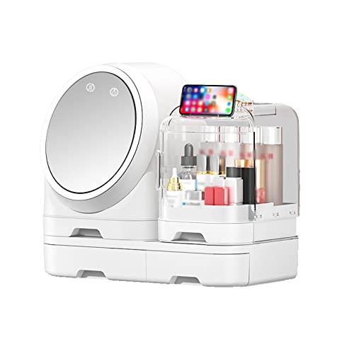 HLZLPYFC Make-up-Organizer, Kosmetikvitrine mit Spiegel, LED und 4 Aufbewahrungsboxen, Schublade, ideal für Badezimmer, Arbeitsplatte, Schlafzimmerkommode (Farbe: Weiß) von HLZLPYFC