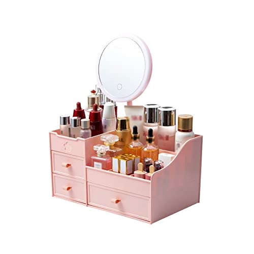 HLZLPYFC Make-up-Organizer mit abnehmbarem LED-Spiegel und 3 Aufbewahrungsbox-Schubladen, Frisiertisch-Finishing-Box, Schreibtischregal (Farbe: Pink) von HLZLPYFC