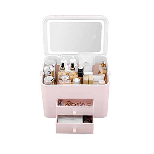 HLZLPYFC Makeup Organizer Pflege Aufbewahrungsbox mit abnehmbarem LED-Spiegel und 2-lagigen Schubladen, wasserabweisend (Farbe: Pink) von HLZLPYFC