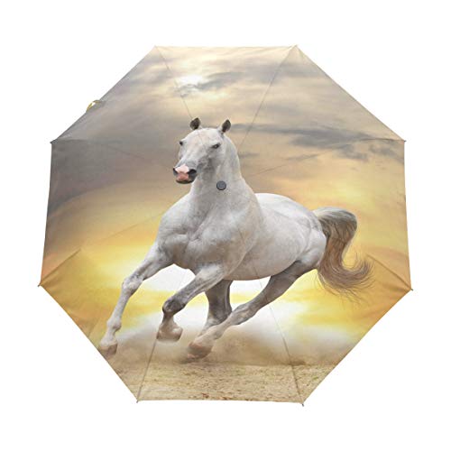 RXYY Regenschirm mit Tiermotiv, weißes Pferd, Sonnenuntergang, faltbar, automatisches Öffnen und Schließen, für Damen, Herren, Jungen, Mädchen, winddicht, kompakt, Reisen, leicht, Regenschirm von HMZXZ