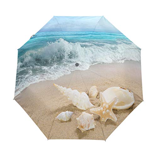 RXYY Sommer- Seestern Muscheln Strand Blau Himmel Falten Auto Öffnen Schließen Regenschirm für Frauen Männer Jungs Mädchen Winddicht Kompakt Reise Leicht Regen Regenschirm von HMZXZ