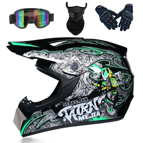 Downhill Kinder Motorradhelm, Helmset, Herren ATV Motorradhelm, Helm mit Brillenhandschuhen, Integralhelm MTB, DOT-zugelassen(A Green,S(52-53cm)) von HNGKGJBL