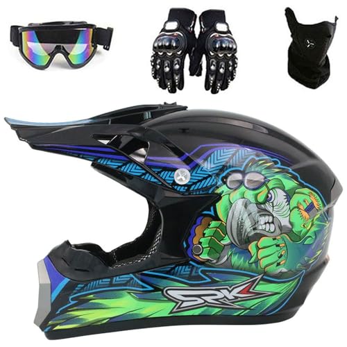 Full Face MTB Motocross Helm mit Brille Handschuhe Maske, DOT Genehmigt, Kinder Offroad ATV Motorradhelm Downhill BMX Quad Fahrradhelm für Jungen Mädchen(#01,L(56-57cm)) von HNGKGJBL