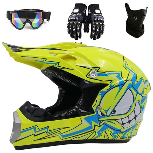 Full Face MTB Motocross Helm mit Brille Handschuhe Maske, DOT Genehmigt, Kinder Offroad ATV Motorradhelm Downhill BMX Quad Fahrradhelm für Jungen Mädchen(#03,M(54-55cm)) von HNGKGJBL