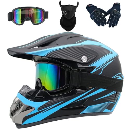 Kinder-Motorradhelm, Herren-ATV-Motorradhelm, Helm mit Brillenhandschuhen, Integralhelm MTB, DOT-Zugelassen(A Blue,S(52-53cm)) von HNGKGJBL