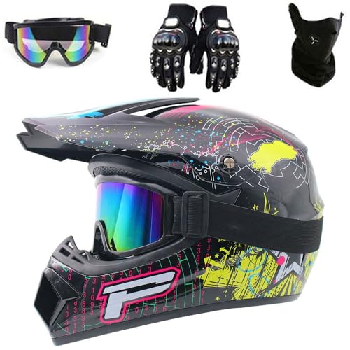 Motocross Helm, 4er Pack Helm Brille Handschuhe Set Sicherheit Dirt Bike Off Road Motorradhelm für Erwachsene Kinder DOT-Zugelassen(E5,L(56-57cm)) von HNGKGJBL