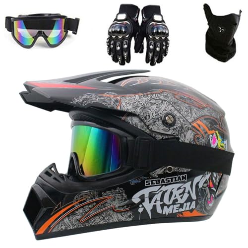 Motocross Helm, 4er Pack Helm Brille Handschuhe Set Sicherheit Dirt Bike Off Road Motorradhelm für Erwachsene Kinder DOT-Zugelassen(F6,S(52-53cm)) von HNGKGJBL