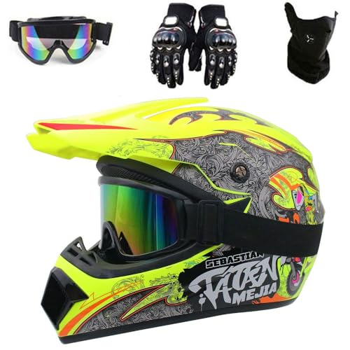 Motocross Helm, 4er Pack Helm Brille Handschuhe Set Sicherheit Dirt Bike Off Road Motorradhelm für Erwachsene Kinder DOT-Zugelassen(G7,L(56-57cm)) von HNGKGJBL