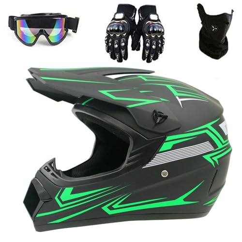 Motocross-Helm-Set, Dirt Bike Fullface Offroad-Motorradhelm mit Brille, Handschuhen und Masken, geeignet für Kinder von 5 bis 14 Jahren, DOT Genehmigt(Black Green,M(54-55cm)) von HNGKGJBL