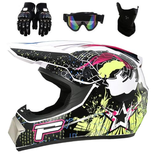 Motocross-Helm-Set mit Schutzbrille, Handschuhen, Gesichtsmaske für Kinder und Erwachsene, Vollgesichts-AVT-MX-Motorradhelm, DOT Genehmigt(B2,M(54-55cm)) von HNGKGJBL