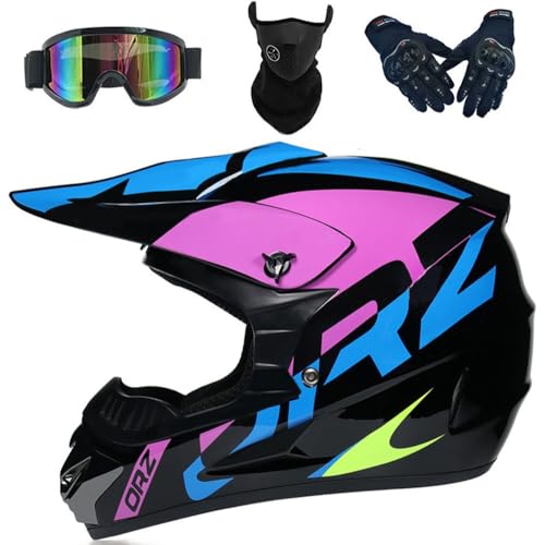 Motorcycle Helmet for Kids, ABS Shell, Heavy Duty Kids Helmet for Downhill, Quad and Motocross, mit Visier Brille Maske, DOT-zugelassen(Blue Purple,M(54-55cm)) von HNGKGJBL