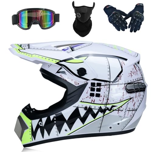 Motorradhelm, Motocross-Helm-Set, Dirt Bike Fullface Offroad-Motorradhelm mit Handschuhmaske, Schutzbrille, Geeignet für Kinder von 5 bis 14 Jahren(D White,L(56-57cm)) von HNGKGJBL