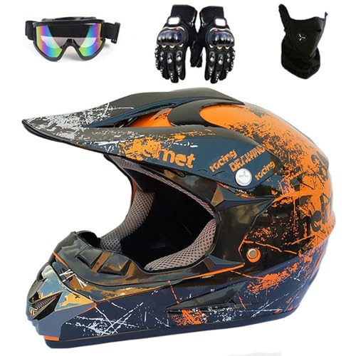 Motorradhelm Kinder Crosshelme für Motorrad Kinder Quad und Crossbike ATV Helm mit Handschuhen Maske Brille DOT-zugelassen(Orange,M(54-55cm)) von HNGKGJBL