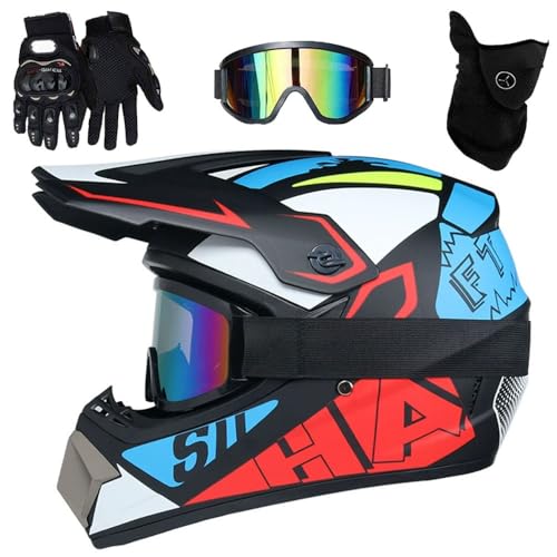 Motorradhelm Motocross Helm Kinder, Full Face Off-Road Motorrad Cross Helme mit Visier Brille Maske Handschuhe, Motorbike ATV MTB Freien Sport Motorcycle Helmet Set(P6,M(54-55cm)) von HNGKGJBL