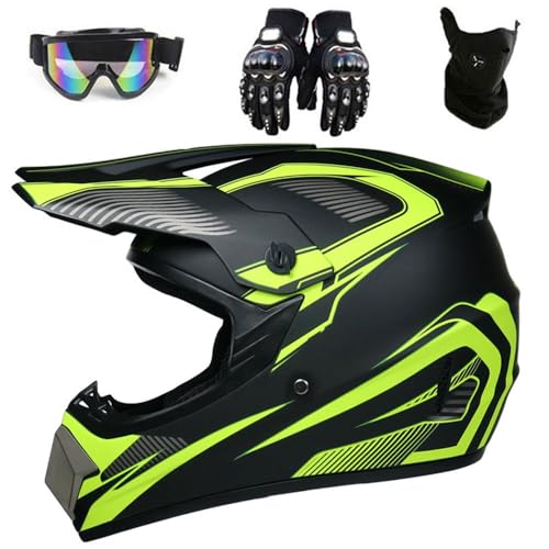 Racing Motocross Helm, 4er Pack Helm Brille Handschuhe Set Sicherheit Dirt Bike Off Road Motorradhelm für Erwachsene Kinder Mountain Road Radfahren DOT-zugelassen(CC,M(54-55cm)) von HNGKGJBL