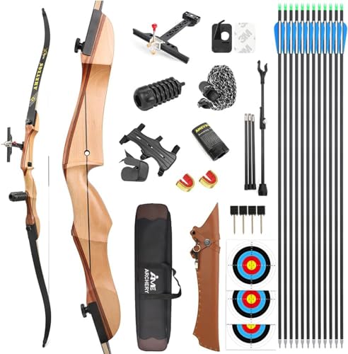 Bogenschießen Recurve Bogen Set für Anfänger Erwachsene 66" 68" 70" Holzbogen Jugend Bogen Set 14-40lbs Takedown Langbogen Jagd Bogen Sportbogen (70"-34lbs, Bogenset 2-Schwarze gliedmaßen) von HNZMDY