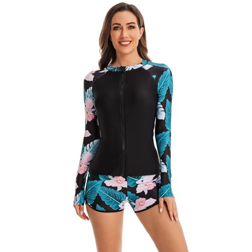 HNsdsvcd Damen Blumen Tankini Badeanzüge Zwei Stücke Badeanzug Badeanzug Badekontrolle Badebekleidung Mit Shorts Reißverschluss Vorne Tankini Badeanzug von HNsdsvcd