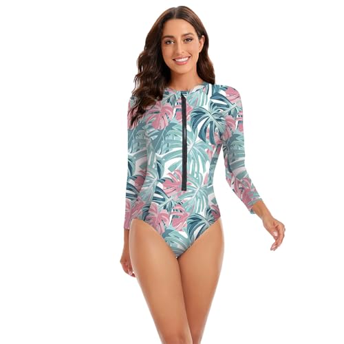 HNsdsvcd Damen Tankini Badeanzug Mit Reißverschluss Vorne Damen Rashguard 1-teiliger Badeanzug Mit Langen Ärmeln Badebekleidung Mit Bauchkontrolle von HNsdsvcd