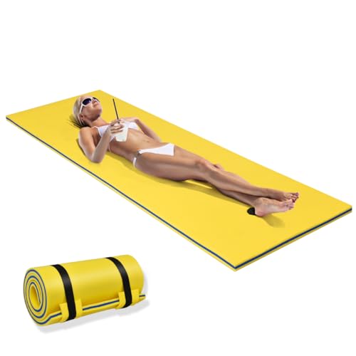 HOMASIS 210 x 66 cm Wasserhängematte, schwimmende Wassermatte aus XPE-Schaum, aufrollbare Schwimmmatte bis zu 70 kg, Schwimmender Teppich mit Kopfkissen Design (Gelb, 210 x 66 x 3,5 cm) von HOMASIS