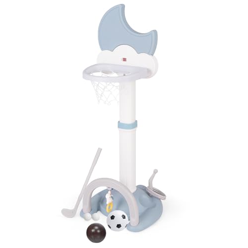 HOMASIS 4 in 1 Kinder Basketballkorb Set, multifunktional Basketballständer mit Fußballtor & Golf & Ringwurf für Kinder, höhenverstellbar Basketballkorb mit Ständer inkl. Bälle & Golfschläger (Blau) HOMASIS 4 in 1 Kinder Basketballkorb Set, multifunktional Basketballständer mit Fußballtor & Golf & Ringwurf für Kinder, höhenverstellbar Basketballkorb mit Ständer inkl. Bälle & Golfschläger (Blau) von HOMASIS