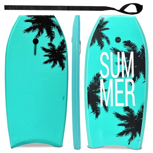 HOMASIS Bodyboard Schwimmbrett mit Zugseil 90 cm, Surfbrett für Kinder und Erwachsene, Surfbrett mit EPS-Schaumkern und Kokospalmen-Motiv, Grün (83 x 47 x 5,5 cm) von HOMASIS