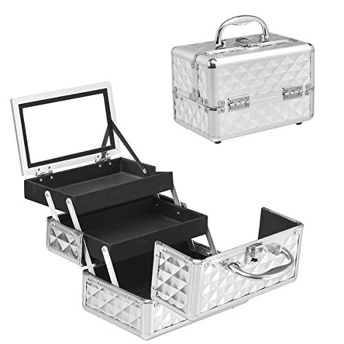 HOMASIS Kosmetikkoffer mit Spiegel, Mini Schminkkoffer mit 3 Ebenen, tragbarer Beauty Case mit Griff & Schloss, Friseurkoffer Hartschale, Make Up Koffer für Damen & Mädchen, 23 x 15 x 18 cm (Silber) HOMASIS Kosmetikkoffer mit Spiegel, Mini Schminkkoffer mit 3 Ebenen, tragbarer Beauty Case mit Griff & Schloss, Friseurkoffer Hartschale, Make Up Koffer für Damen & Mädchen, 23 x 15 x 18 cm (Silber) von HOMASIS