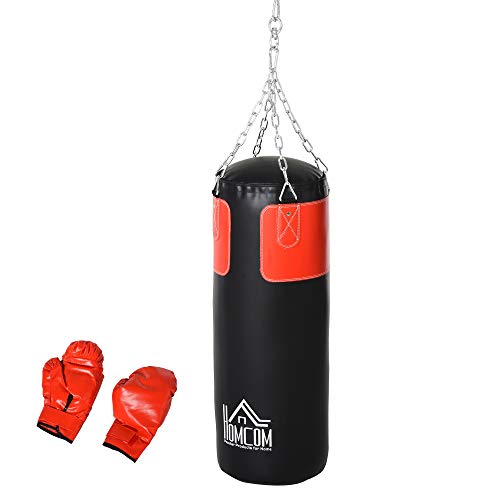 HOMCOM Boxsack-Set Box-Set mit Boxhandschuhen Gefüllt Set für Erwachsene Jugendlichen Hanging Boxing Heavy Bag 16 KG Ø30 x 120 cm Schwarz+Rot von HOMCOM