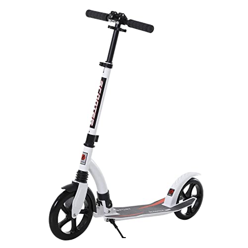 HOMCOM Kinderscooter, Kickscooter mit Stoßdämpfung, Tretroller, Klappbar und Höheverstellbar, ab 14 Jahren, Aluminium, Weiß, 92,5 x 37,5 x 82-97 cm von HOMCOM