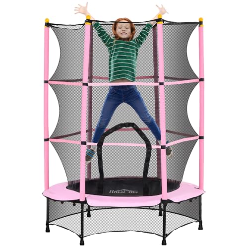 HOMCOM Kindertrampolin Ø140 cm, Trampolin mit Sicherheitsnetz, Randabdeckung, Gartentrampolin für Kinder 3-10 Jahre, bis 50 kg belastbar, Rosa von HOMCOM