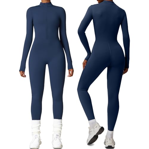 HOMDECR Damen Sport Jumpsuit Lang Eng Yoga Overall Langarm V-Ausschnitt Playsuits Mit Reißverschluss Jogging Strampler Hosenanzug Trainingsanzug (Blau,XL) von HOMDECR