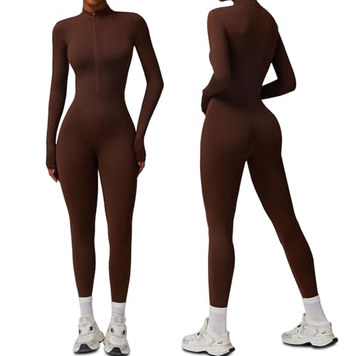 HOMDECR Damen Sport Jumpsuit Lang Eng Yoga Overall Langarm V-Ausschnitt Playsuits Mit Reißverschluss Jogging Strampler Hosenanzug Trainingsanzug (Kaffeefarbe,M) von HOMDECR