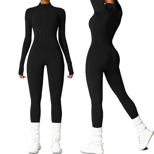 HOMDECR Damen Sport Jumpsuit Lang Eng Yoga Overall Langarm V-Ausschnitt Playsuits Mit Reißverschluss Jogging Strampler Hosenanzug Trainingsanzug (Schwarz,M) von HOMDECR