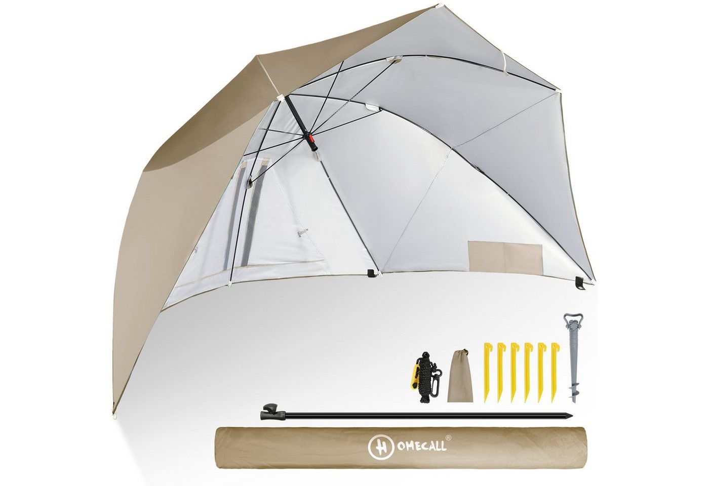 HOMECALL Strandmuschel mit umbrella system UV-resistentes 50+ Khaki, Umfunktionieren zum Sonnenschirm Strandschirm, für 2-3 Personen von HOMECALL
