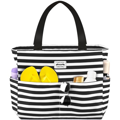 HOMESPON Große Strandtasche Damen mit Reißverschluss Wasserdicht Badetasche XXL Familie Beach Tote Bag, Schwarze/Weiß Gestreift HOMESPON Große Strandtasche Damen mit Reißverschluss Wasserdicht Badetasche XXL Familie Beach Tote Bag, Schwarze/Weiß Gestreift von HOMESPON