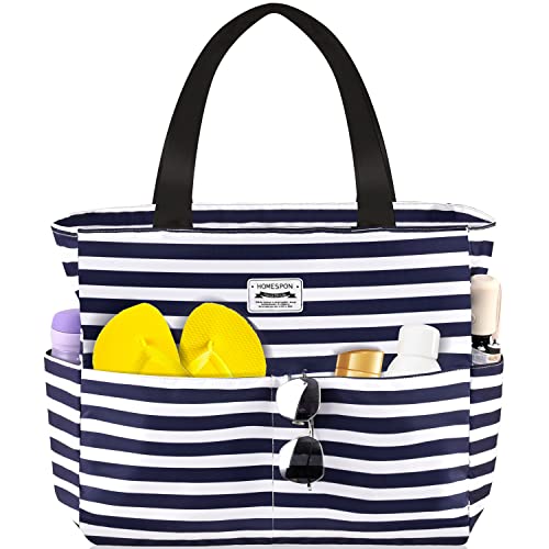 HOMESPON Große Strandtasche Damen mit Reißverschluss Wasserdicht Badetasche XXL Familie Beach Tote Bag, Blau/Weiß gestreift HOMESPON Große Strandtasche Damen mit Reißverschluss Wasserdicht Badetasche XXL Familie Beach Tote Bag, Blau/Weiß gestreift von HOMESPON