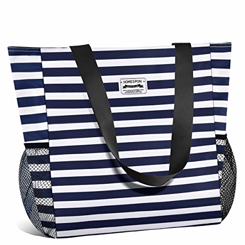 HOMESPON Große Wasserdichte Strandtasche mit Reißverschluss und Taschen für Damen (Blau-weiß gestreift) HOMESPON Große Wasserdichte Strandtasche mit Reißverschluss und Taschen für Damen (Blau-weiß gestreift) von HOMESPON