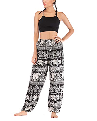 Damen Baumwolle Haremshose mit Taschen Thai Hippie Hose Hosenrock Pumphose Baggy Boho Ethno Elefant Gemustert Strand Sommerhose Yogahose Aladinhose mit Elastischen Bund Schwarz Einheitsgröße Damen Baumwolle Haremshose mit Taschen Thai Hippie Hose Hosenrock Pumphose Baggy Boho Ethno Elefant Gemustert Strand Sommerhose Yogahose Aladinhose mit Elastischen Bund Schwarz Einheitsgröße von HONGBI