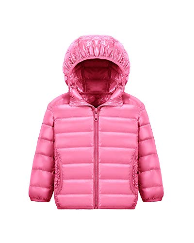 Kinder Down Hoody,Kurze Leichte Daunenjacke mit Kapuzen Warme Wasserdichte Winterjacke Outdoor Steppjacke Daunenmantel Gepolsterte Jacke Winter Winddicht Übergangsjacke für Maedchen Jungen Rosa 120 von HONGBI