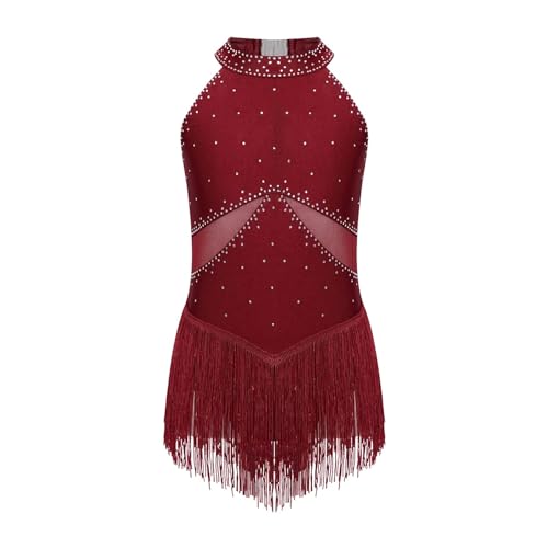 Eiskunstlauf Kleid Damen Kinder Mädchen Trikot mit Strasssteinen, Fransen, Eiskunstlauf-Kleid, Quasten-Body for Gymnastik, Cha-Cha, Tango, lateinamerikanischer Tanz, Tanzbekleidung(Burgundy,10) von HONGYEMY