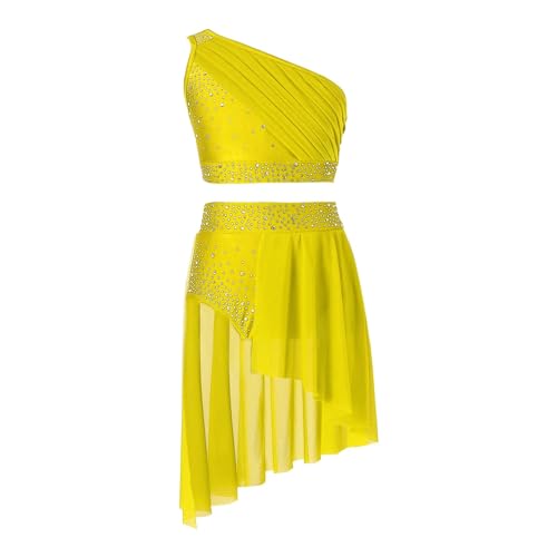 Eiskunstlauf Kleid Damen Lyrisches Tanz-Outfit for Kinder, Mädchen, Eislauf-Kostüm, Bühnenaufführungs-Sets, mit Strasssteinen gerüschtes, durchsichtiges Mesh-Crop-Top mit Slips mit Rock(Yellow,8) von HONGYEMY